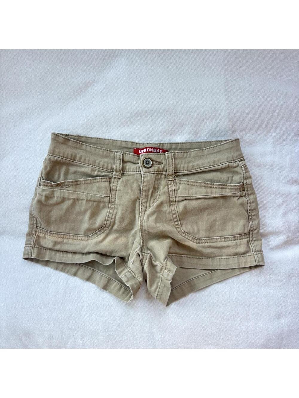 Unionbay Vintage Y2K Low Rise Khaki Cargo Shorts Size 0 24W Tan Mini Short BIN D